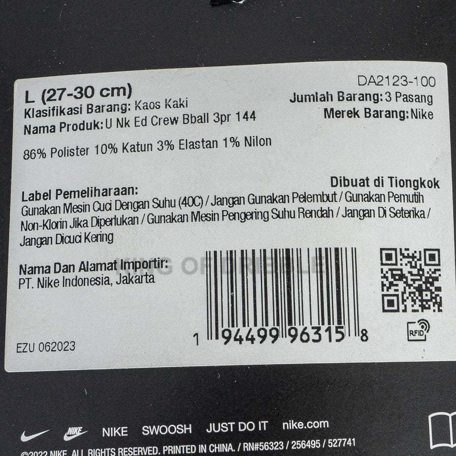 KING OF DRIBBLE Kaos Kaki Basket Nike Crew Everyday Basketball (3 Pairs) DA2123-100 Original
