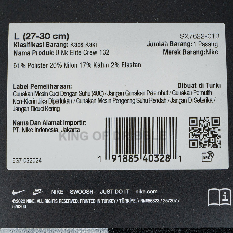 Kaos Kaki Basket Nike Elite Crew SX7622-013 Original BNWT